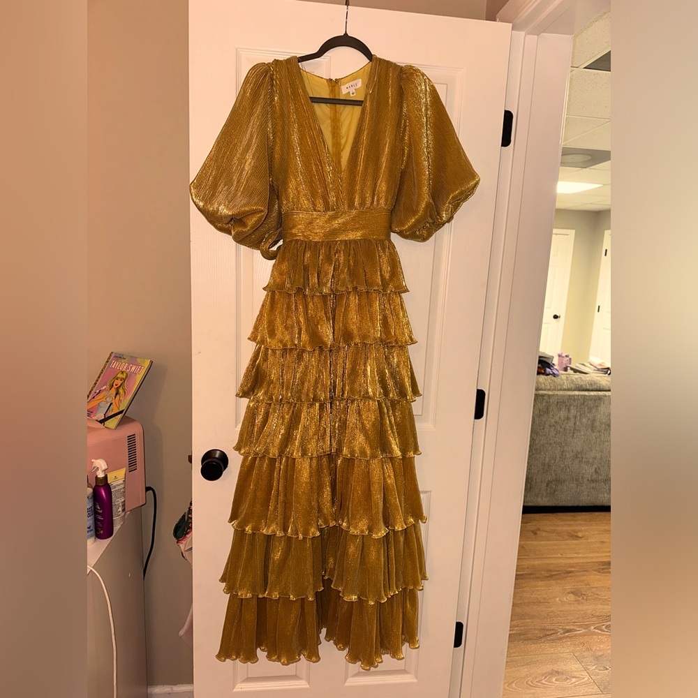 Red dress tiered gold floor length dress